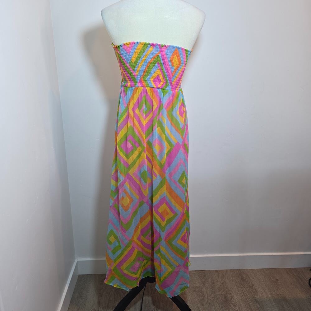 Vintage Strapless Silk Maxi Dress Multicolor Geometric Print Size XS Beach Party - Picture 5 of 8